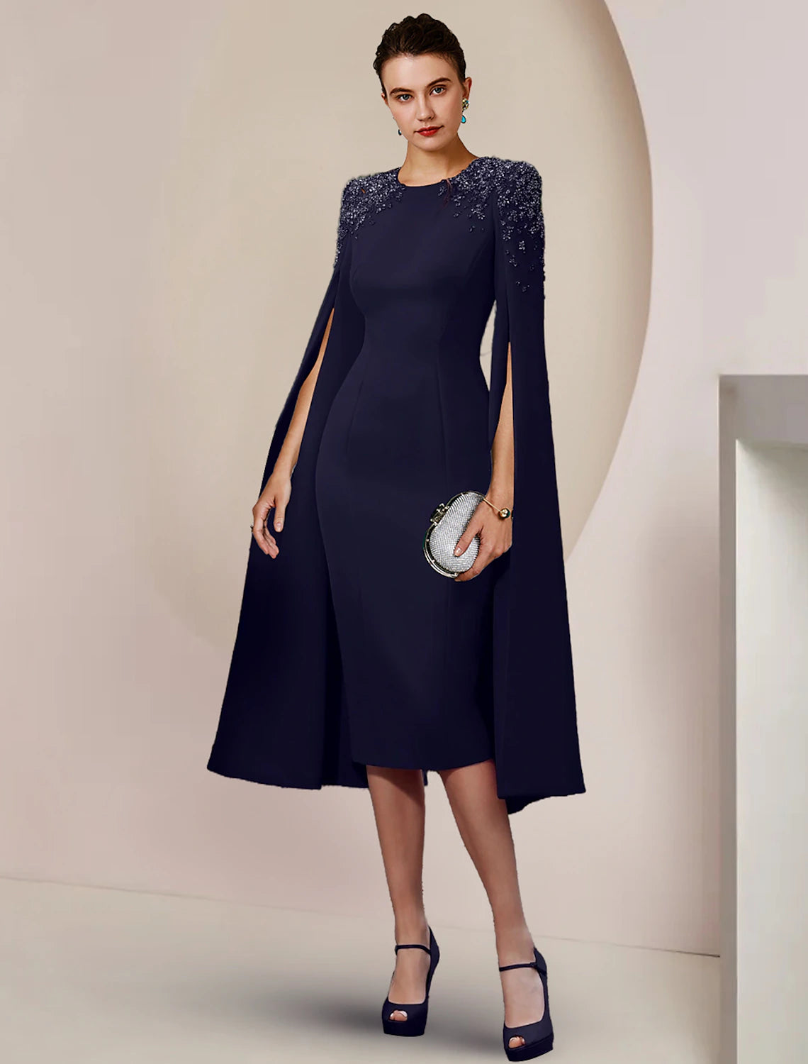 Wholesale  Sheath / Column Mother of the Bride Dress Formal Wedding Guest Elegant Scoop Neck Knee Length Stretch Chiffon Long Sleeve with Beading